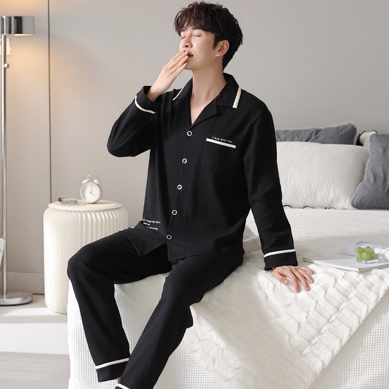 Conjunto de pijama de algodón puro tejido ajustado con estampado de pata de gallo, botones delanteros, bolsillo y cuello