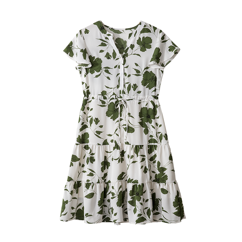 Belted Slimming Texture Floral Print Daily French Style Dress