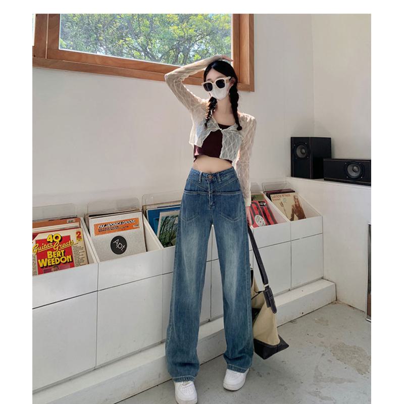 Pocket Floor-Length Loose Fit High-Waisted Wide-Leg Retro Dividing Line Jeans