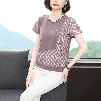 Round Neck Design Print Anti-Aging Pullover Short Sleeve Tee