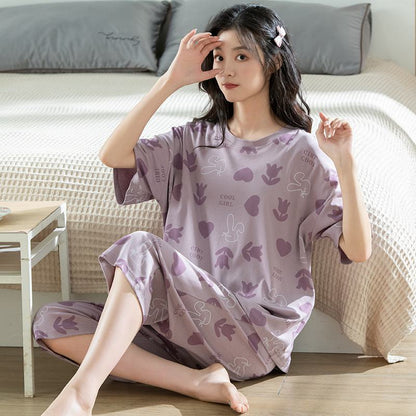 Pure Cotton Letter Round Neck Pullover Flower Heart-Shaped Bunny Lounge Set