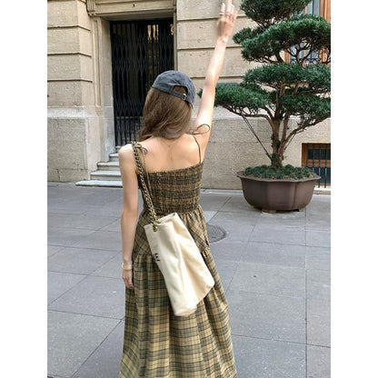 French Style Strapless Retro High-Waisted Suit Slimming Pocket Petite Cardigan Plaid Dress