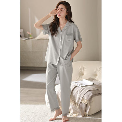 Kurzärmliges Pyjama-Set aus reiner Baumwolle mit Knopfleiste, Vordertasche, einfarbiger Farbe und Lycra.