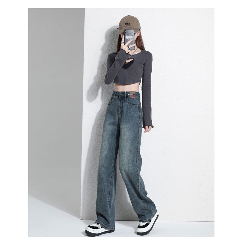 Casual Floor-Length Straight Style High-Waisted Wide-Leg Retro Jeans
