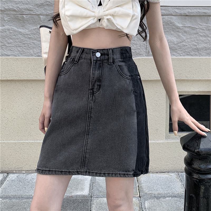 Ash Gray A-Line Retro Patchwork Color Blocking Versatile High-Waisted Bodycon Denim Skirt