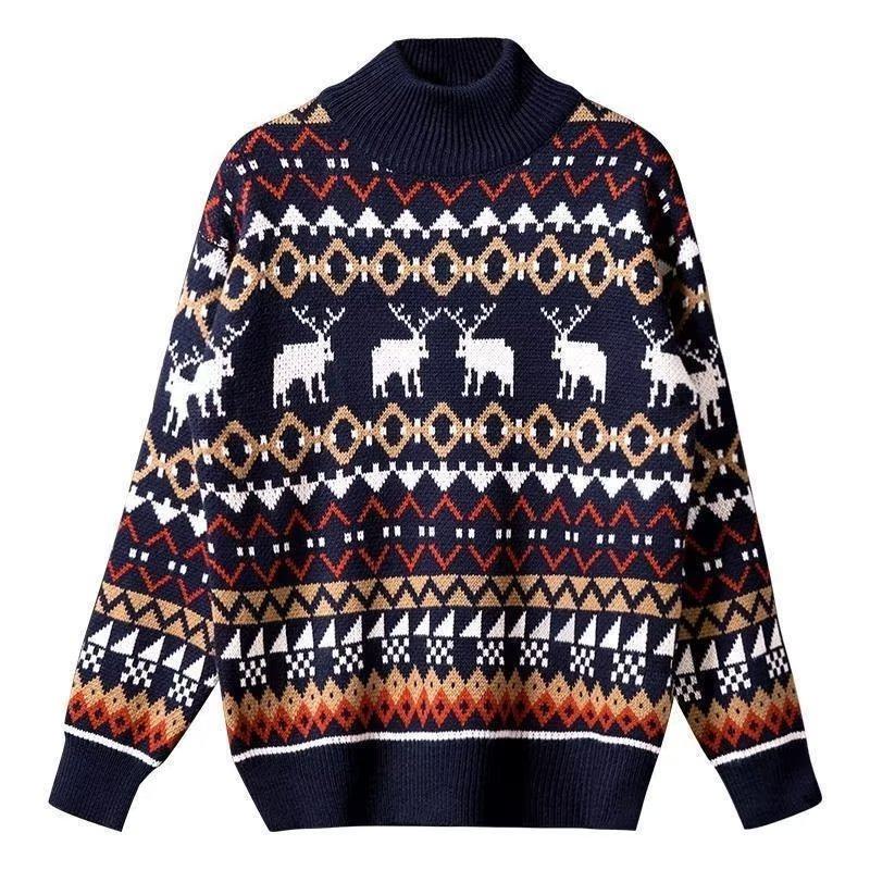 Half-High Collar Reindeer Thickened Straight Cut Knitted Sweater