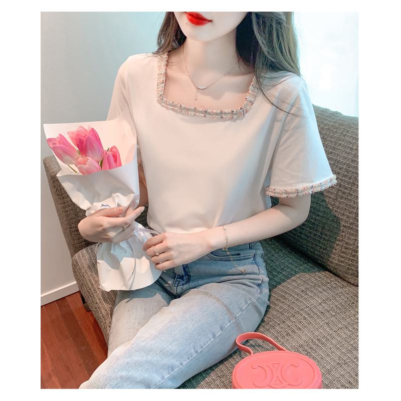 Pure Cotton Pullover Anti-Aging Slimming Square Collar Color-Blocking Loose Fit Classic Blouse
