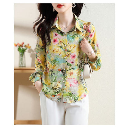 Blusa elegante de chiffon con estampado floral que adelgaza, anti-envejecimiento y que cubre el vientre