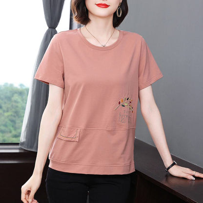 Embroidery Round Neck Slimming Loose Fit Short Sleeve Tee