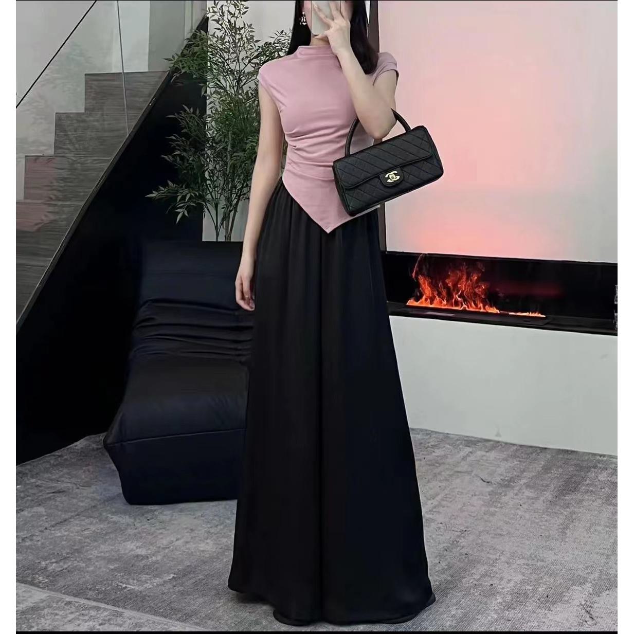 High-Waisted Draping Loose Fit Floor-Length Solid Casual Flare Leg Pants