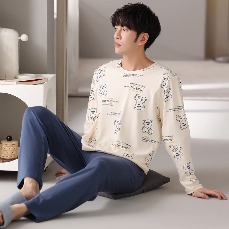 Tightly Woven Pure Cotton Cartoon Pullover Round Neck Long Sleeve Lounge Set