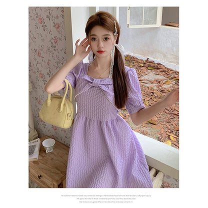 Cinched Waist Pearl Slimming Bow Tie French Style Dress