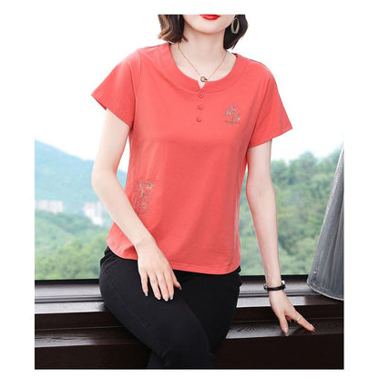 Button Pullover Loose Fit Pure Cotton Embroidery Short Sleeve Tee