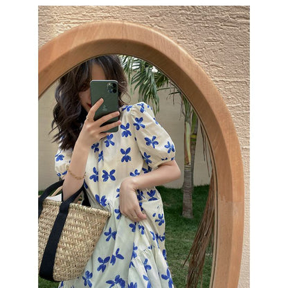 فستان أنيق بأكمام فقاعية وطبعة زهور ، باللون الأزرق