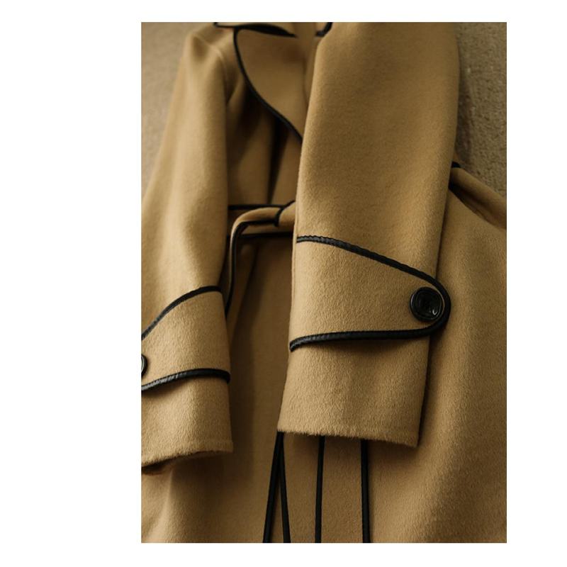 Abrigo de lana entallado con lazo elegante, suelto y de parches