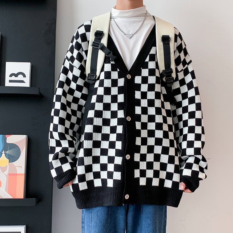 Trendy Color Block Cardigan Knitted Loose Fit Checkerboard Sweater