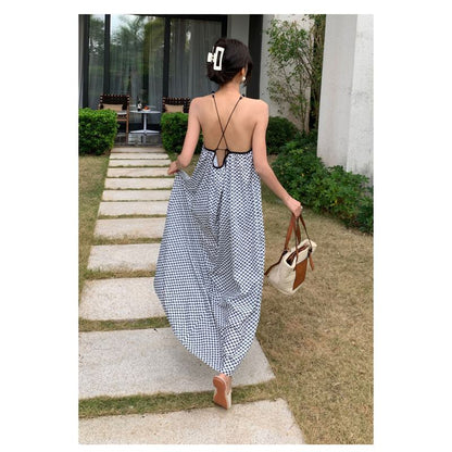 Black And White Loose Fit Vacation Backless Beach Halter Beaded Chain Retro Plaid Dress