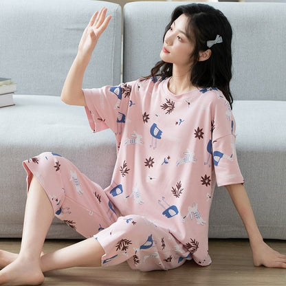 Pure Cotton Round Neck Pullover Natural Cartoon Pink Lounge Set