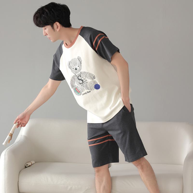 Round Neck Tightly Woven Pure Cotton Color Blocking Bear Pattern Patchwork Short Sleeves Lounge Set