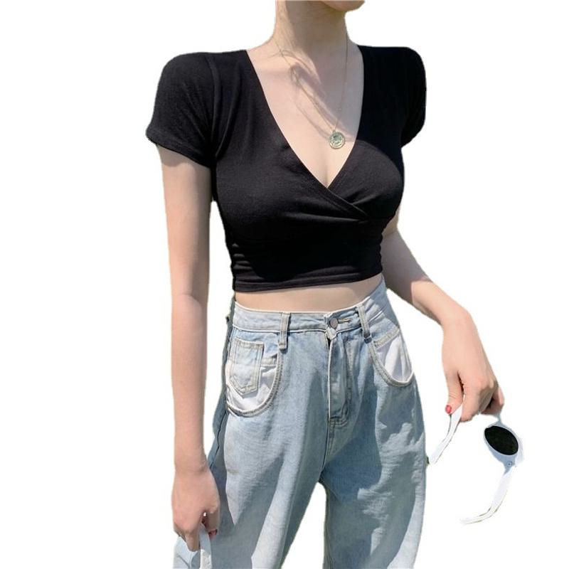 Cropped Navel-Baring Slim-Fit Worn Outside V-Neck Low-Cut Short Sleeve Tee