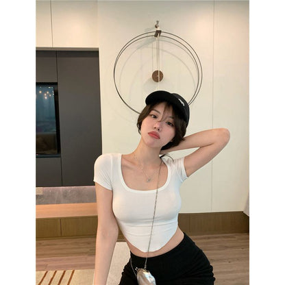 Cropped Irregular Pit Strip High-Waisted Tight-Fitting Short Sleeve Tee