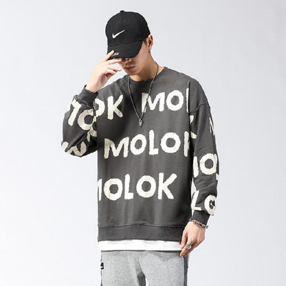 Letter Round Neck Loose Fit Full Print Trendy Faux Two-Piece Versatile Sweatshirt