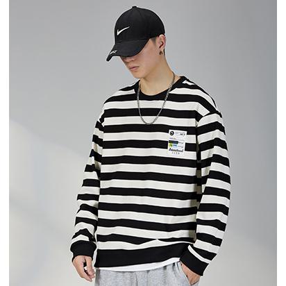 Round Neck Loose Fit Pullover Stripe Men's Sweatshirt