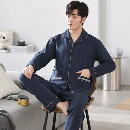 Conjunto de pijama de algodón con bolsillo delantero y cuello de solapa con botones