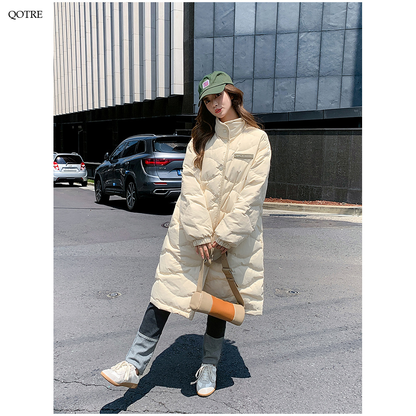 Loose Fit Knee-Length Stand-Up Collar Lightweight Puffer Coat