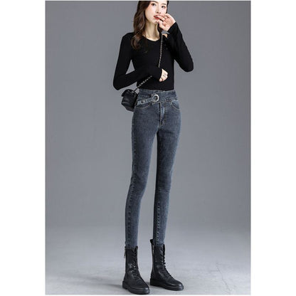 Slimming High-Waisted Black Light-Colored Elasticity Pencil Slim-Fit Tight-Fitting Versatile Jeans