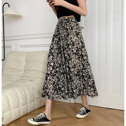 Slimming High-Waisted Floral Print A-Line Skirt Mesh Skirt