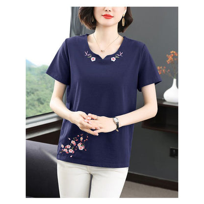 Plus Loose Fit Pure Cotton V-Neck Embroidery Short Sleeve Tee