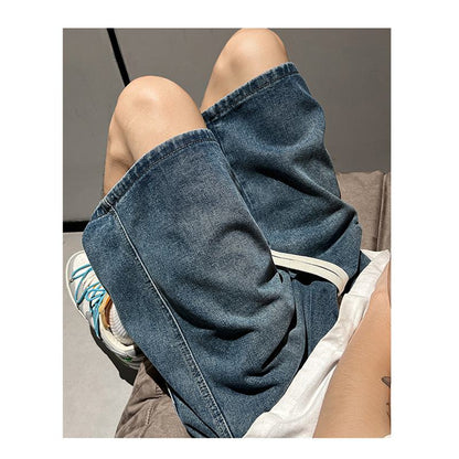 Pantalones cortos de mezclilla lavados, sueltos, de cintura elástica y con cordón ajustable - Versátil y a la moda.