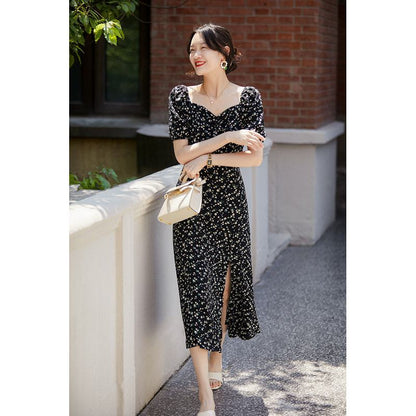 Retro Split Square Collar Floral Print Versatile Slim-Fit Dress