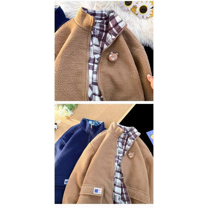 Chaqueta Reversible de Vellón de Cordero Unisex, Corte Holgado, Estilo Retro, Cuello Alto Versátil