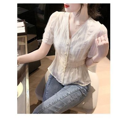 Lace Pearl V-Neck Chiffon Cinched Waist Blouse