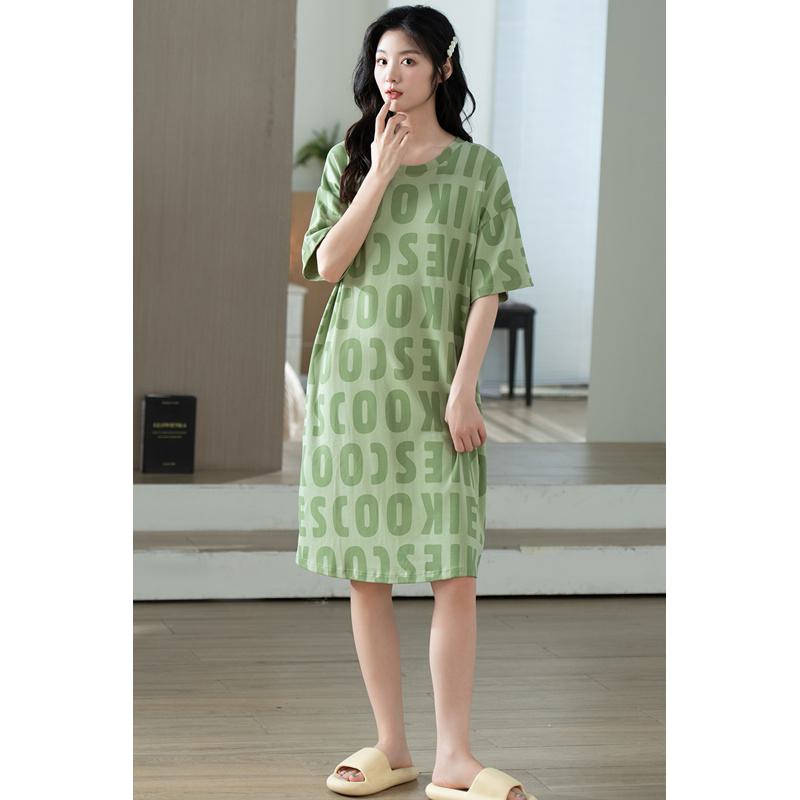 Pure Cotton Letter Round Neck Pullover Green Lounge Dress
