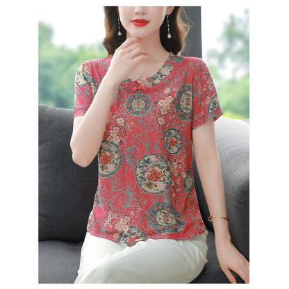 Plus Print Loose Fit Simulation Knitted Short Sleeve Tee