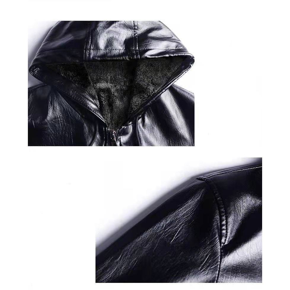 Fleece-Lined Insulated Hooded Leather Jacket
