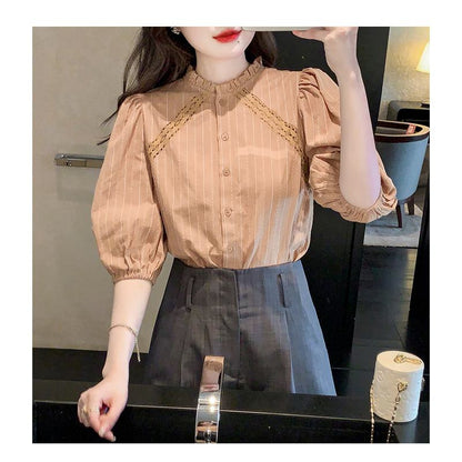 Bubble Sleeve Lace Stand-Up Collar Patchwork Stripe Blouse