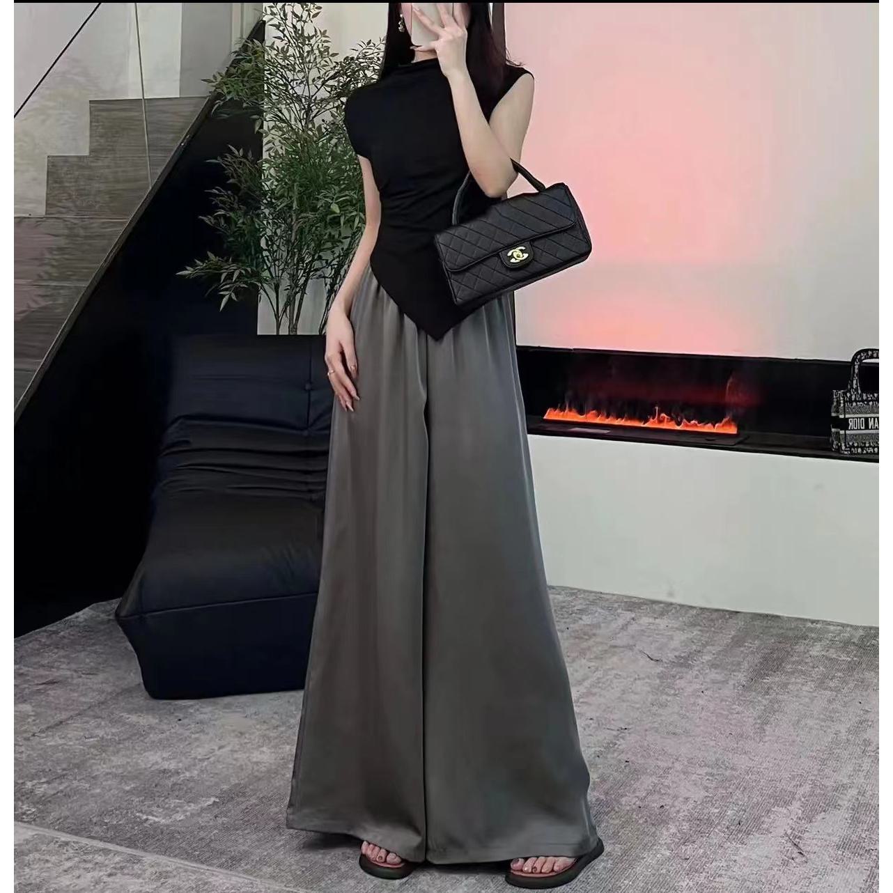 High-Waisted Draping Loose Fit Floor-Length Solid Casual Flare Leg Pants