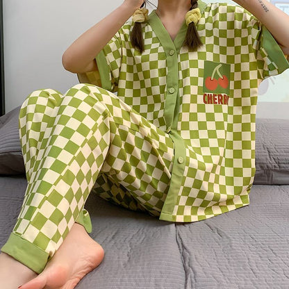 Ensemble pyjama en coton à carreaux avec boutons et motif cerise