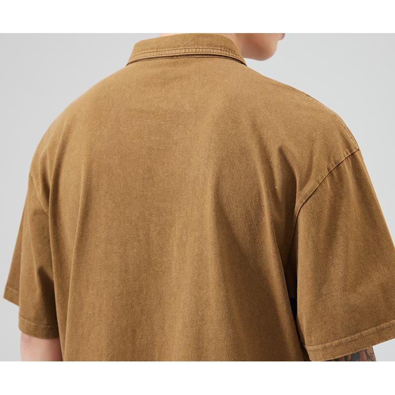 Camisa de polo de manga corta con estampado retro y cuello de solapa de algodón puro lavado.