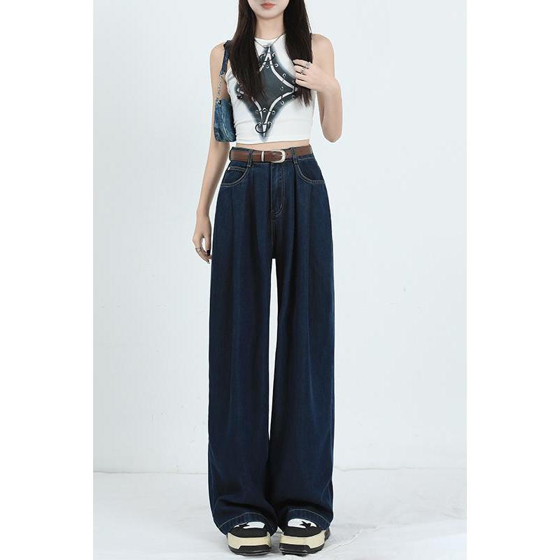 Straight Leg High-Waisted Pleated Retro Loose Fit Jeans