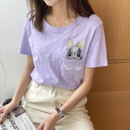 Camiseta de manga corta con cuello redondo y bolsillo de conejito único