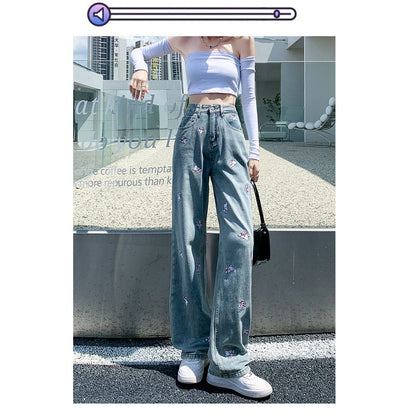High-Waisted Floor-Length Loose Fit Embroidery Draping Slimming Straight Leg Jeans