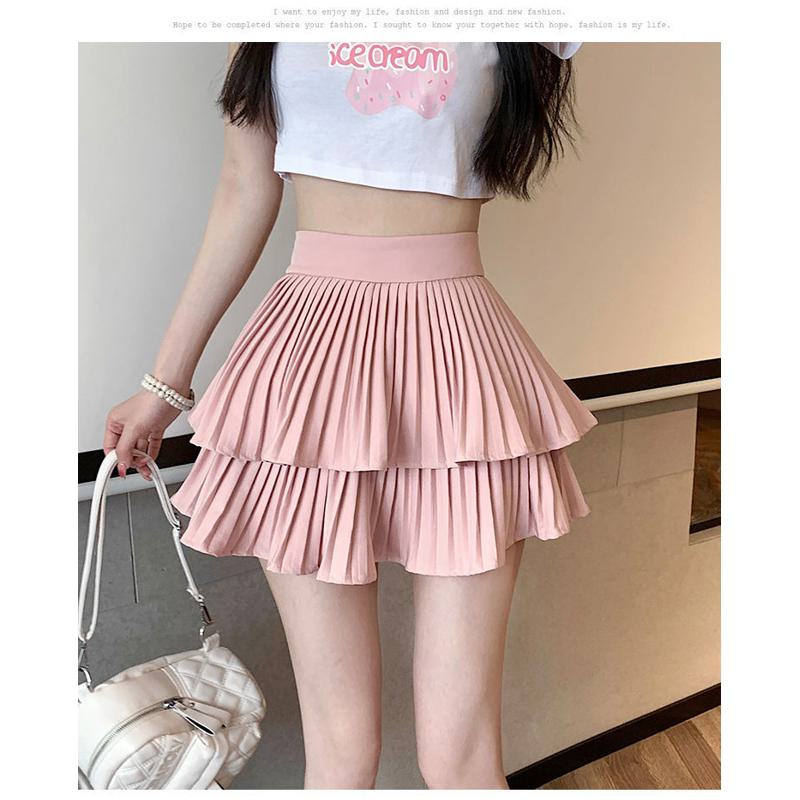 Solid Elastic Waist Double Layer Pleated A-Line Skirt