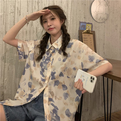 Floral Print Loose Fit Niche Chiffon Unique Shirt