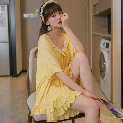 Solid Color Pleated Yellow Cute Modal Pj Set