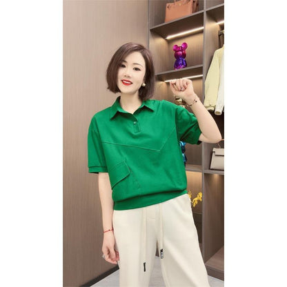 Two Beads Versatile Chic Anti-Aging Lapel Casual Short Sleeve Tee